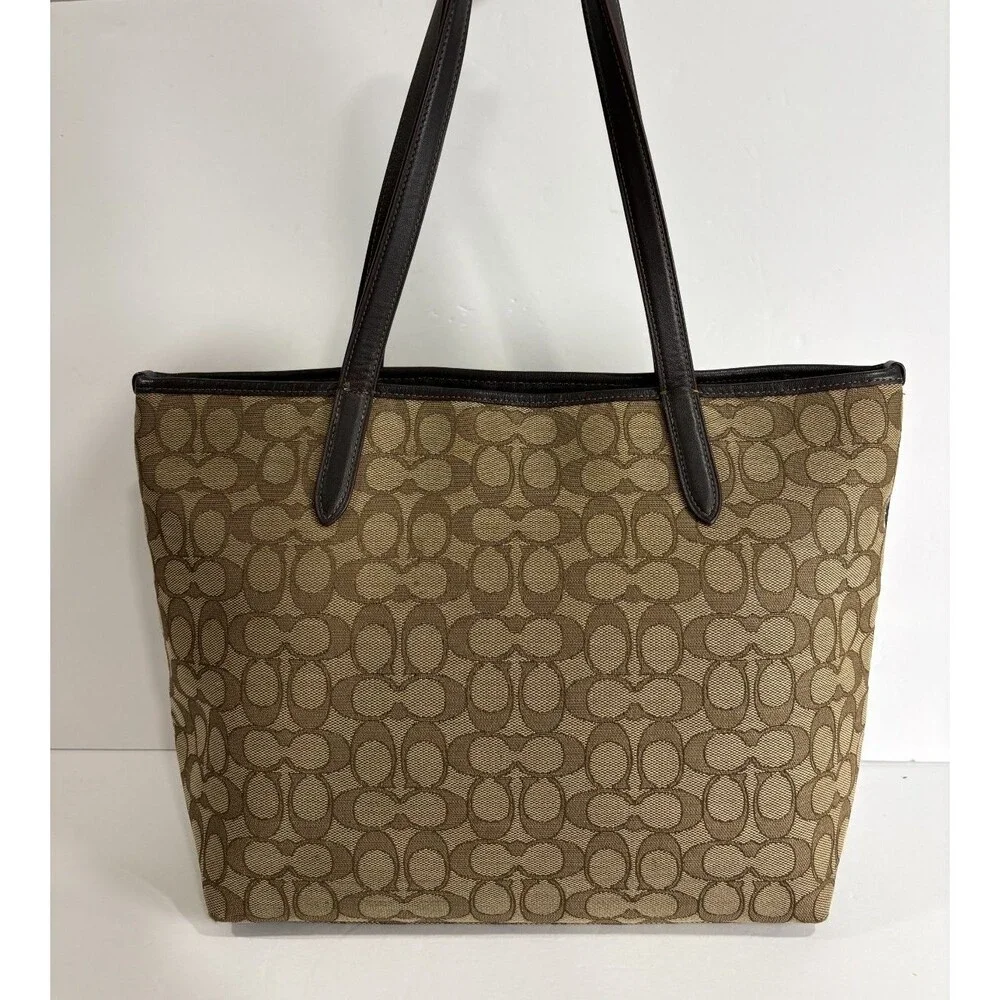 COACH Signature Taylor Tote Khaki Fabric Brown Leather Trim Shoulder Bag Purse